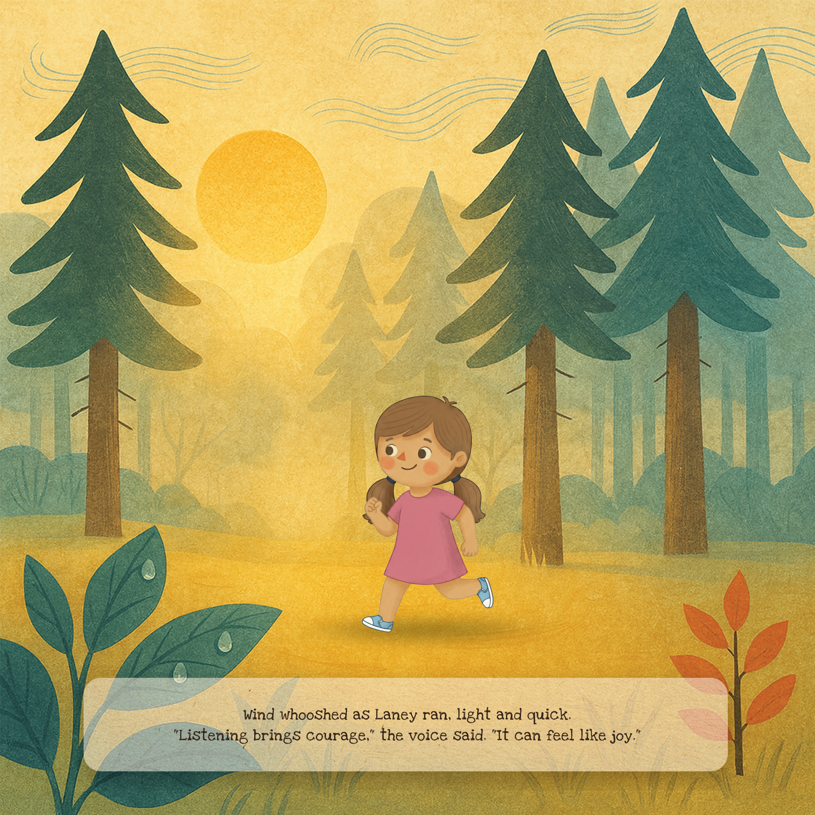 Personalized children's book spread showing a child running through a forest adventure